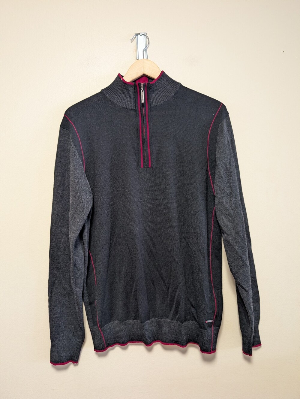 Codice Merino Wool Quarter Zip Sweater 52 Black Gray Red Ski Après Large